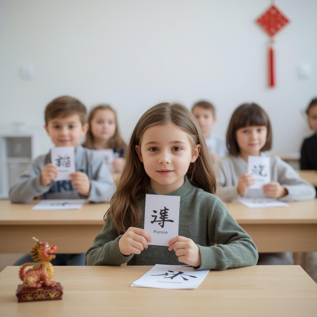 Дети в классе изучают китайские иероглифы